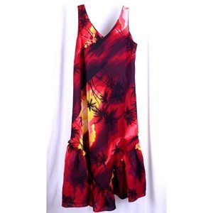 VTG Helena's Size S Hawaiian Print Red Sleeveless Flounce Hem Dress Polyester